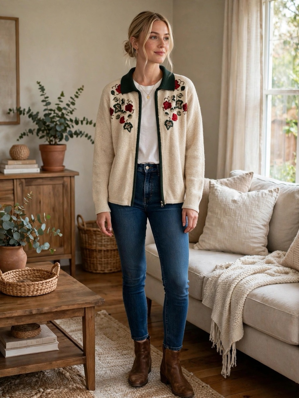 Cream Floral Embroidered Zip Cardigan Green Collar Cottagecore Knit Sweater | L